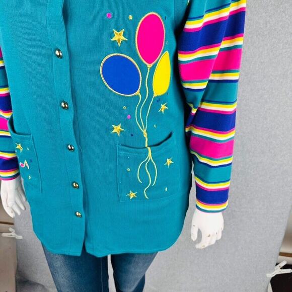 VTG Kathy White Sport Womans 1X Cardigan Shirt Music Stripes Ballon Teal Teacher - Picture 9 of 12